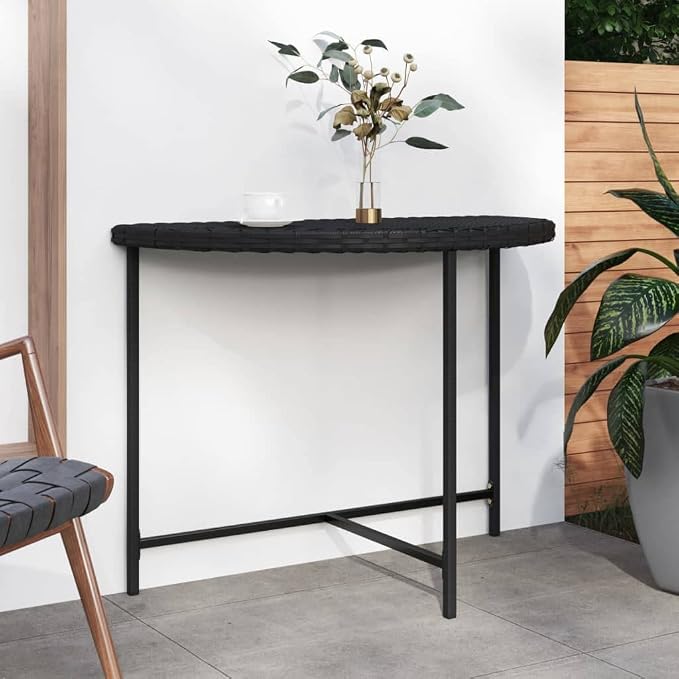 Wicker Half-Moon Patio Table, Half-Round Rattan Bistro Table, Black 39.4"x19.7"x29.5" Poly Rattan, -282