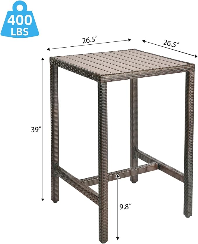 Outdoor Bar Table Patio Bar Height Bistro Table 39" Tall Outdoor High Top Square Pub Patio Table Wicker Rattan Metal Dinning Bar Table with Adjustable Feet for Balcony Outside Pool Deck Backyard Brown