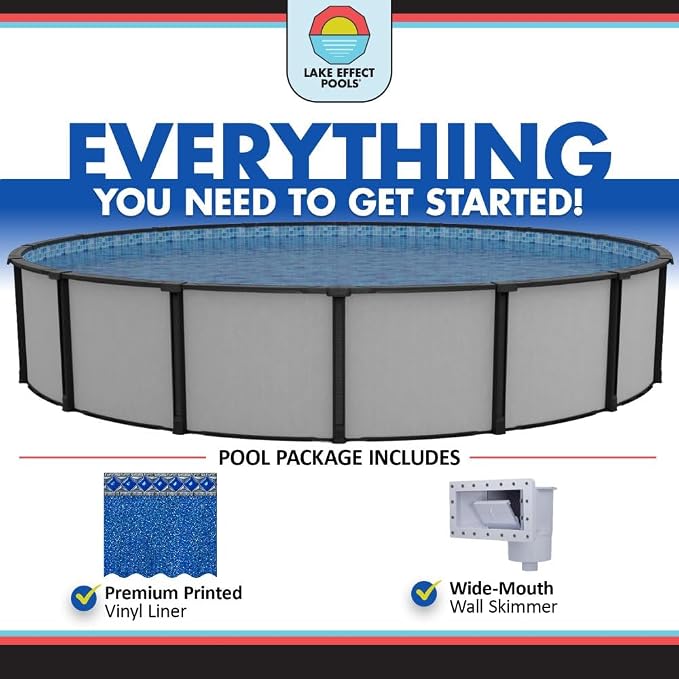 Lake Effect Pools 'Fiji' 24 ft Round Above Ground Swimming Pool | 52 Inch Resin Protected Steel Sided Walls | Bundle Includes: 25 Gauge Unibead Liner & Widemouth Skimmer