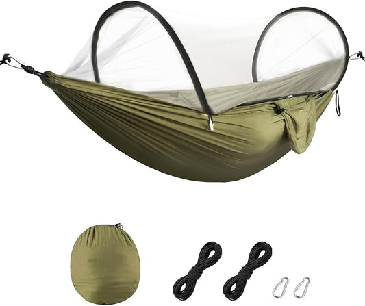 Camping Hammock with Mosquito Net, 3 in 1 Portable Hammock Tent 440lbs Capacity Attached Storage Pocket Single Nylon Hammock Set for Outdoor Travel Camping Hiking Backpacking (Army Green)