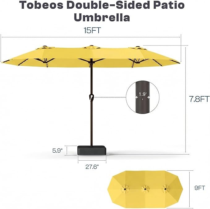 Large Patio Umbrella with Solar Lights and Base, Double-Sided Outdoor Rectangle Umbrella with 48 LED Lights, Market Table Umbrellas with UV Resistant Canopy