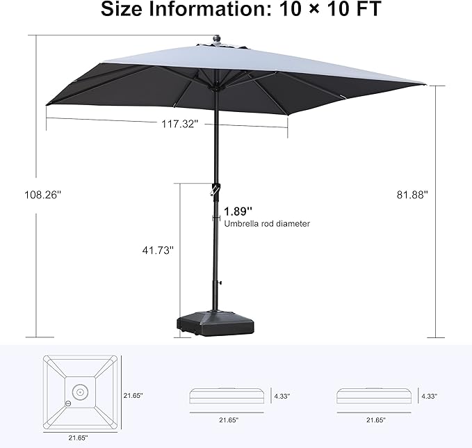 PURPLE LEAF 10' x 10' Square Patio Market Umbrella with Base Outdoor Table Umbrellas Aluminum Frame Sun Shade with 8 Sturdy Ribs for Garden Deck Lawn Pool Light Gary