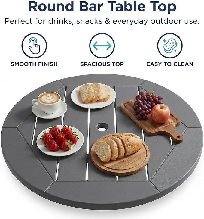 3-Piece Gray HDPE Indoor/Outdoor Bar Height Bistro Set, 31.1" Round Pub Table with 2 Bar Stools, All-Weather Patio Furniture for Balcony, Deck, Poolside & Coastal Use