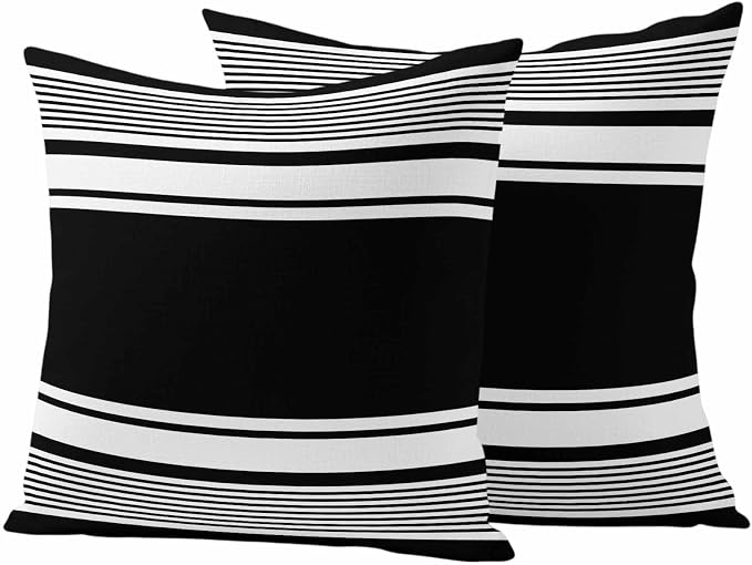 Outdoor Waterproof Throw Pillow Covers, Black Striped Decorative Pillow Cases, Modern Color Block Farmhouse Stripes Couch Pillow Protector Patio Sofa Cushion Covers Replacement 16"x16" 2 Pack