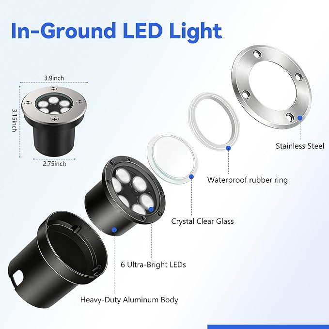 JESLED Low Voltage Landscape Lights, 6W LED Well Lights IP67 Waterproof, 3000K Warm White In-Ground Lights with Wire Connectors for Pathway, Deck, Patio, Yard, Garden (12 Pack)