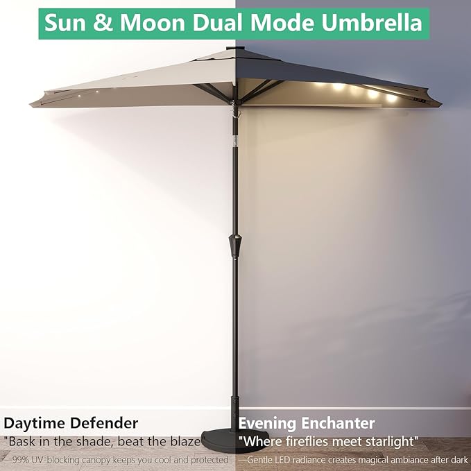 Helios&Hestia 9 ft Small Half Round Solar Powered Wall Outdoor Market Patio Umbrella with LED Lights and Tilt for Garden, Deck, Balcony