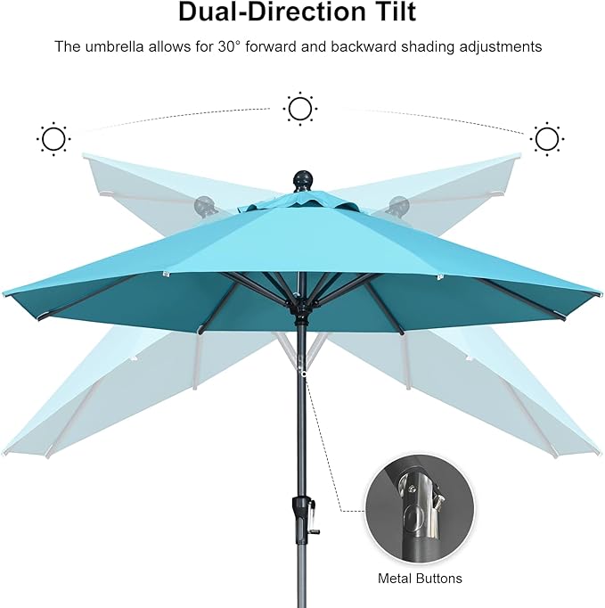 PURPLE LEAF 10' Round Patio Umbrella Outdoor Table Umbrella Aluminum Frame Market Umbrella Sun Umbrella with 8 Sturdy Ribs Tilt for Garden Deck Lawn Pool Turquoise Blue