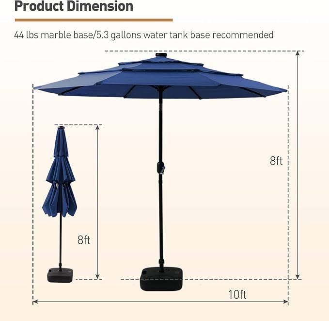 COSIEST 10FT 3 Tiers Patio Umbrella with Solar Lights, LED Outdoor Umbrellas with 8 Sturdy Ribs, Market Patio Table Umbrella with Push Button Tilt, Pool Umbrellas for Garden, Pool, Backyard
