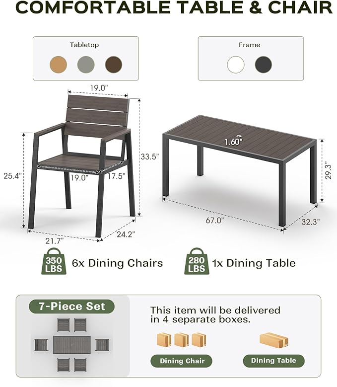 Vexwalx 67" HDPS Outdoor Patio Dining Table, Aluminum-Edged Outdoor Dining Table with Umbrella Hole, Weather-Resistant for Lawn, Garden, Poolside and Indoor Use, Charcoal