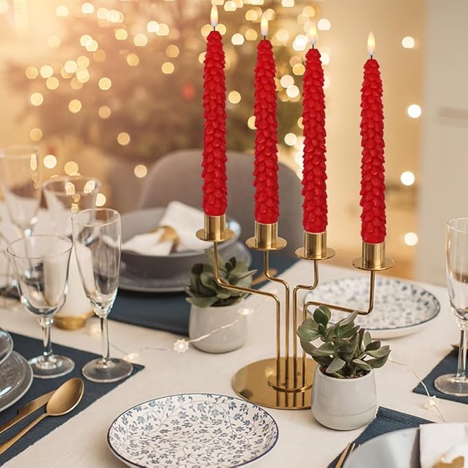 DRomance Christmas Tree Flameless Taper Candles Battery Operated with 10-Key Remote and Cycle Timer 4 Pack Real Wax 3D Wick Flickering LED Candlesticks Holiday Decor(Red, 0.79 x 9.9 Inch)