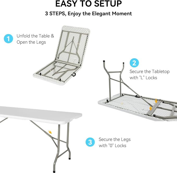 100 Pack of 6 Foot Foldable Table with Built in Handle & Steel Legs ,Heavy Duty Portable ,Perfect for Party, Dining, Wedding, Events, Picnic Indoor, Outdoor, Camping, Utility, Folding(white-100pac)