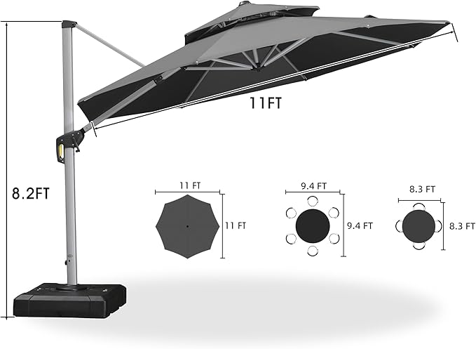 PURPLE LEAF 11 FT Cantilever Patio Umbrellas with Base Included, Large Round Offset Umbrella with 360° Rotation, Outdoor Aluminum Pool Umbrella for Pool Lawn Garden, Grey