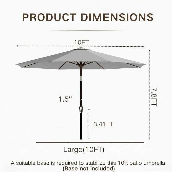 Kingdura 10FT Outdoor Patio Umbrella with Solar Lights, Market Table Umbrella with Push Button Tilt & Crank, 8 Sturdy Ribs, 32 LED Lights, UV Protection for Garden Lawn Deck Backyard Pool (Light grey)