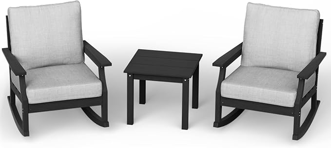 HDPE Patio Conversation Set, 3-Piece All Weather Outdoor Furniture Set with 2 Rocking Sofas for Deck, Lawn, with Cushion, Black