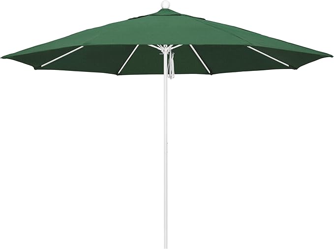 California Umbrella 11Ft Commercial Grade Market Umbrella, Pulley Lift, Aluminum/Fiberglass, 2mm pole wall, White Frame, Solution Dyed Hunter Green Fabric