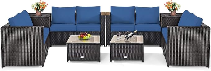 Tangkula 8 Piece Wicker Patio Set with Storage, All Weather-Proof Outdoor Conversation Set, with Loveseat, Coffee Table & Storage Box, Suitable for Garden, Poolside, Sunroom (2, Navy Blue)