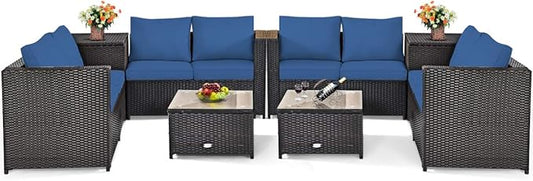 Tangkula 8 Piece Wicker Patio Set with Storage, All Weather-Proof Outdoor Conversation Set, with Loveseat, Coffee Table & Storage Box, Suitable for Garden, Poolside, Sunroom (2, Navy Blue)