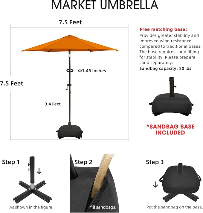 wikiwiki 7.5FT Patio Umbrella with Base, Outdoor Umbrellas with Base Included, 6 Sturdy Ribs, Waterproof Fade Resistant POLYESTER DTY Canopy for Deck, Lawn, Garden, Backyard & Pool, Orange