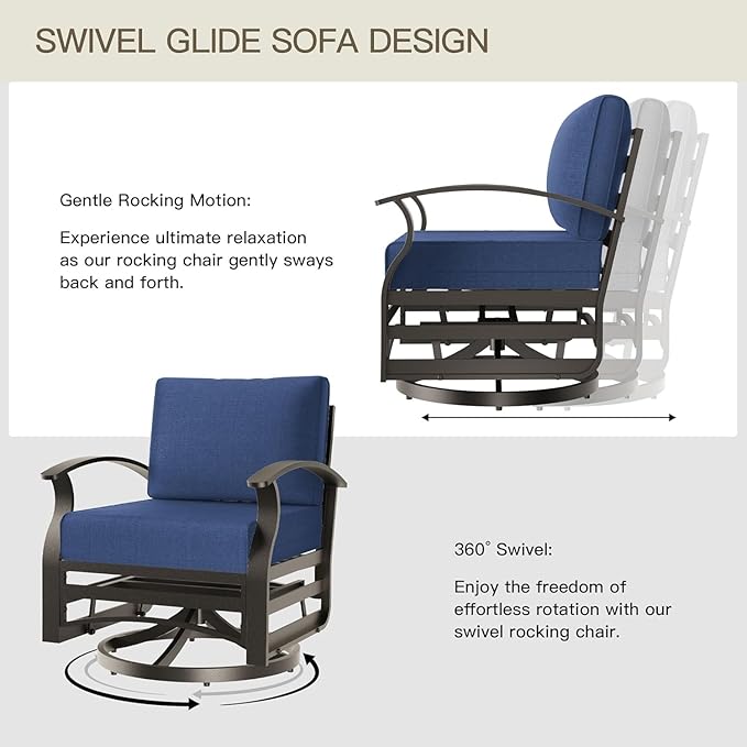 Aluminum Patio Furniture Set with 55,000 BTU Propane Fire Pit Table,5 Seats Metal Modern Outdoor Furniture w/5.1" Cushions,Patio Sectional w/Swivel Chairs for Backyard,Patio,Navy Blue