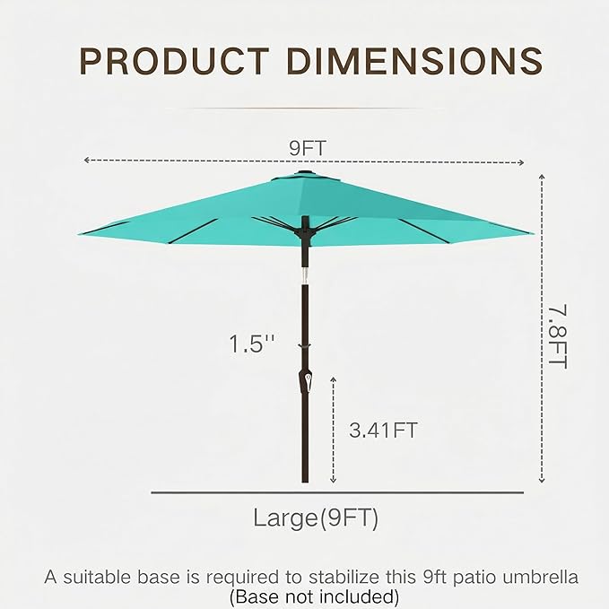 Kingdura 9FT Outdoor Patio Umbrella, Market Table Umbrella with Push Button Tilt and Crank, 8 Sturdy Fiberglass Ribs, UV Protection for Pool, Lawn, Deck, Backyard, Garden (Tiffany blue)