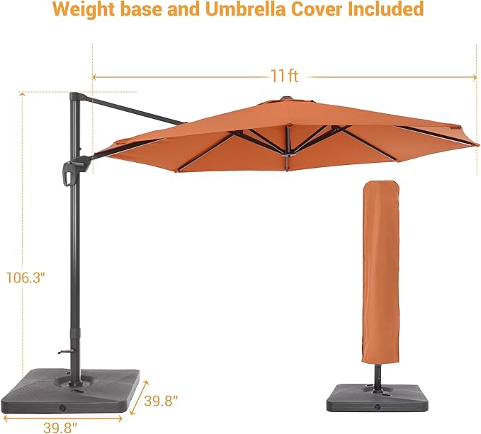 FLAME&SHADE 11 ft Cantilever Offset Patio Umbrella, Large Heavy Duty Outdoor Patio Umbrella Aluminum 360° Rotation Round Outdoor Umbrella for Deck,Pool,Backyard