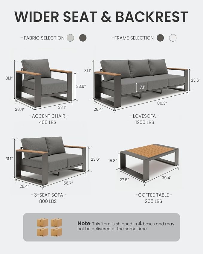 Oversized Aluminum Patio Furniture Set, 4 Pieces Luxury Outdoor Furniture Set with 7.1" Extra Thick Cushion, Modern Outdoor Sectional with Coffee Table for Porch, Garden and Deck, Graphite