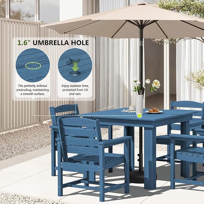 KINGYES 8-Piece HDPE Outdoor Dining Set for 6, Square Patio Table & Armchairs with Umbrella Hole, All-Weather Patio Dining Set for Backyard, Garden, Lawn & Poolside, Blue
