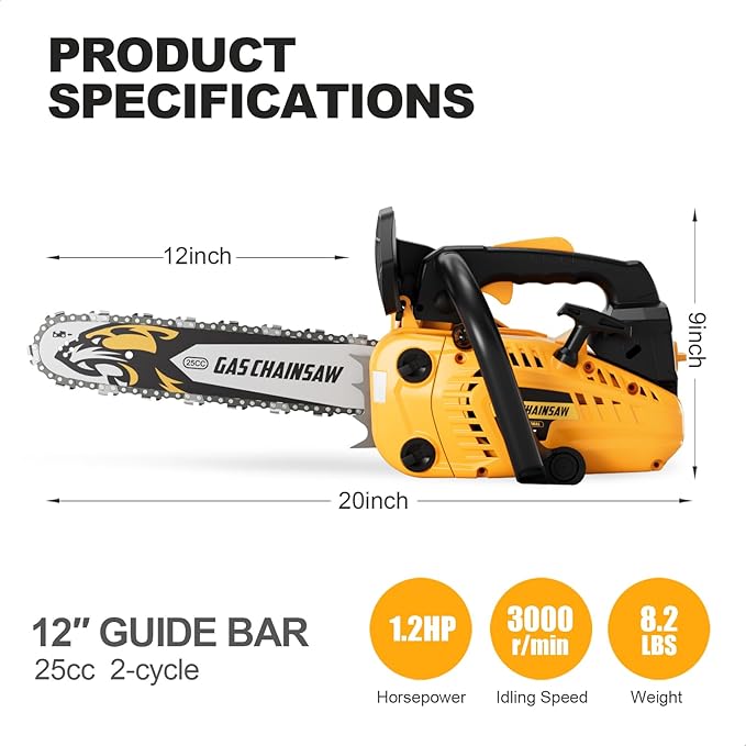 25CC Gas Chainsaw 2-Stroke Gasoline Top Handle Chainsaws 12-Inch Handheld Cordless Chain Saw with Kit for Cutting Forest Wood Garden Trimming Tools