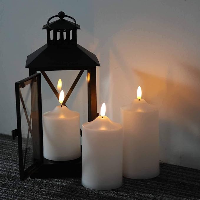 GenSwin Flickering Flameless Candles, Waterproof LED Candles with Remote and Timer,Battery Operated Pillar 3D Wick Candles for Indoor Outdoor Lanterns, Won’t melt, Long-Lasting(White, Set of 3)