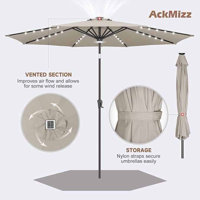 10FT Solar Umbrella Outdoor - Lighted Solar Patio Umbrella with 40 LED Lights Waterproof UV Protection, Table Umbrella with Tilt for Pool, Porch, Garden, Deck, Backyard (Taupe)
