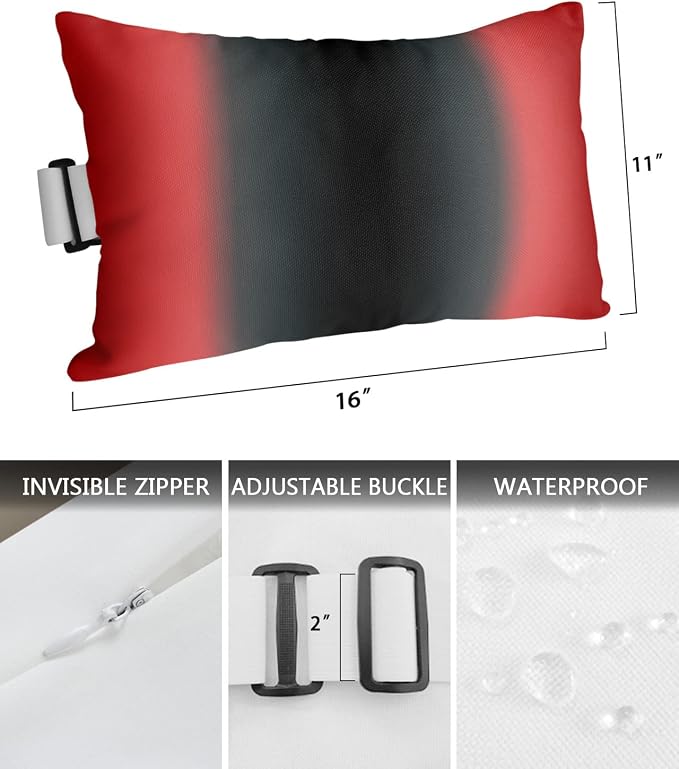 Outdoor Pillows Covers with Inserts Red Black Gradient Pattern Waterproof Recliner Pillow with Adjustable Strap Throw Pillows for Patio Furniture Pool Lounge Chair, 11x16 inch, 1PCS