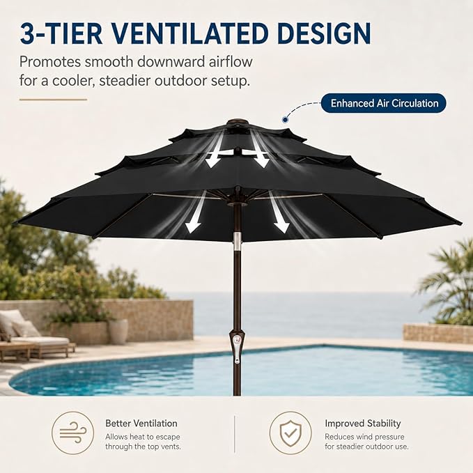 10ft Patio Umbrella, 3-Tier Vented Outdoor Table Umbrella with 8 Sturdy Fiberglass Ribs, Windproof Market Umbrella with Push Button Tilt and Crank, UV Protection for Deck, Pool, Black