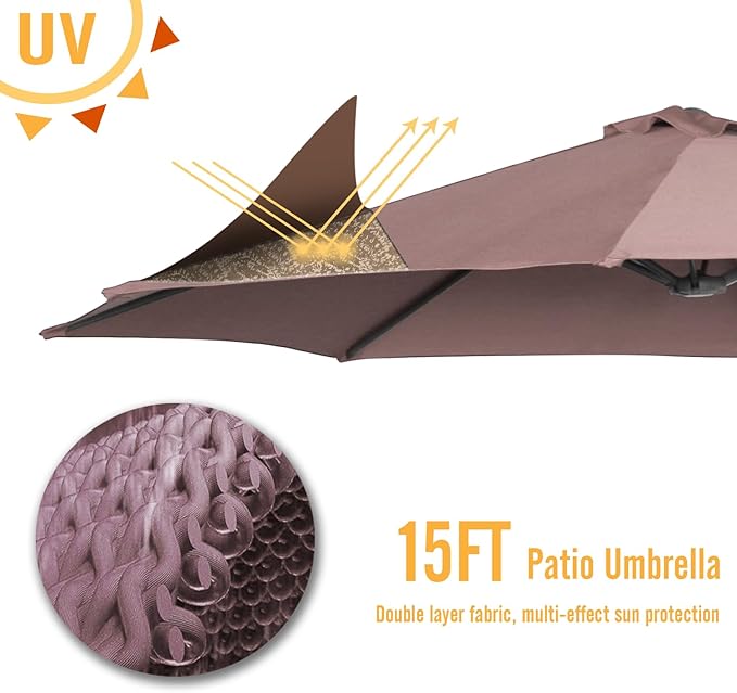 AECOJOY 15x9ft Large Patio Umbrella, Double-Sided Outdoor Market Rectangle Table 177''x104'' Umbrella with Crank Air Vents for Deck Pool Patio(1.9" Pole, Brown)