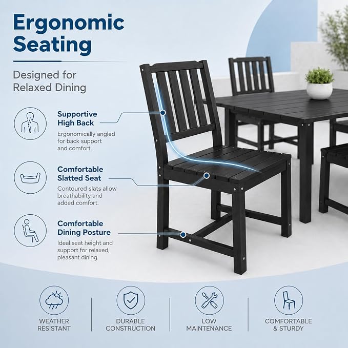 HDPE Outdoor Dining Set for 4, Square Table & Chairs Set | • All-Weather Polywood Composite • 410 lbs Heavy-Duty Support • Built-In 2" Umbrella Hole • Easy Soap-Water Wash