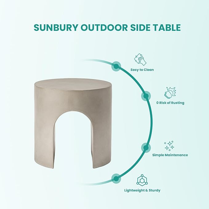 SUNBURY Outdoor Side Table, 16" W Concrete End Table w Arch Shape, Round Cement Accent Table Lightweight for Patio, Modern Decorative Garden Stool for Patio, Backyard, Grey