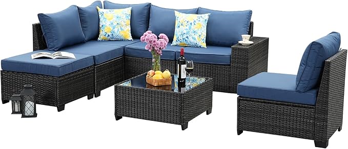 7 Pieces Outdoor Patio Furniture Set, Wicker Conversation Sets with Tea Table, Rattan Patio Sofa with Thick Cushions for Garden, Backyard Porch, Poolside,Navy