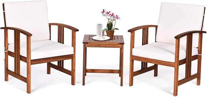 Tangkula 3 Pieces Patio Furniture Set, Includes Set of 2 Outdoor Acacia Wood Cushioned Chairs and Coffee Table, for Garden, Backyard, Poolside, Bistro and Deck, Patio Conversation Chat Set (White)