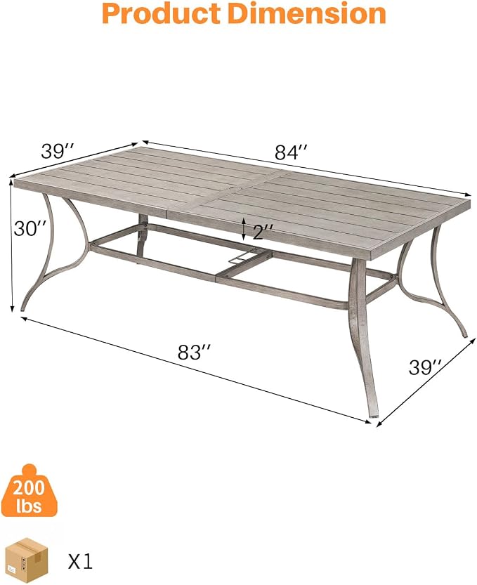 Patio Dining Table for 8, Never Rusts Aluminum Outdoor Dining Table, 84" x 38.6" Rectangular Patio Table for Outside, Outdoor Patio Table for Deck, Garden Poolside, Limed Oak