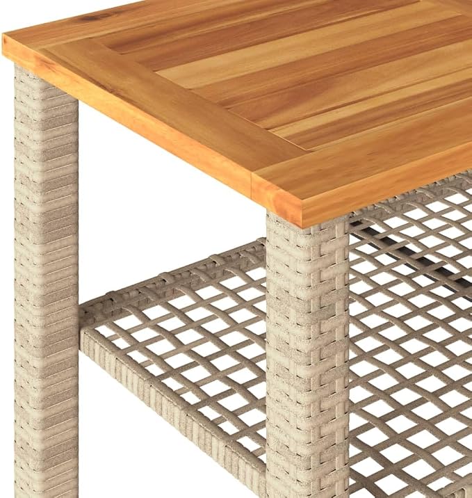 Outdoor Garden Table with Acacia Wood Top, 27.6x15x16.5 Inch Poly Rattan Patio Table, Powder-Coated Steel Frame for Backyard