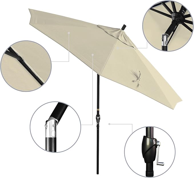 California Umbrella 9' Round Aluminum Market Umbrella, Crank Lift, Push Button Tilt, Black Pole, Pacifica