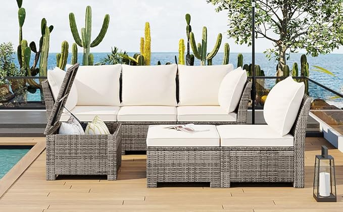 LUMISOL Outdoor Patio Furniture Set, 6 Pieces Sectional Rattan Sofa Set, PE Rattan Wicker Patio Conversation Set with Table and 0ttoman for Lawn, Garden, Backyard (Beige)