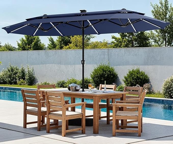 PHI VILLA 13ft Patio Umbrella with 120 PCS Solar-Powered LED Color-Changing Lights, 2-Tier Double-Sided Large Rectanglular Umbrella with Base Included, Blue
