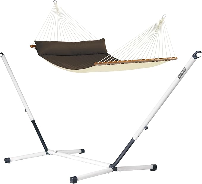 LA SIESTA® Alabama Quilted Hammock with Spreader Bar & Nautico Stand - Portable Weatherproof Large Outdoor Hammock with Stand, 2 Person Hammock with Stand for Outside Patio Porch - XL King, Arabica