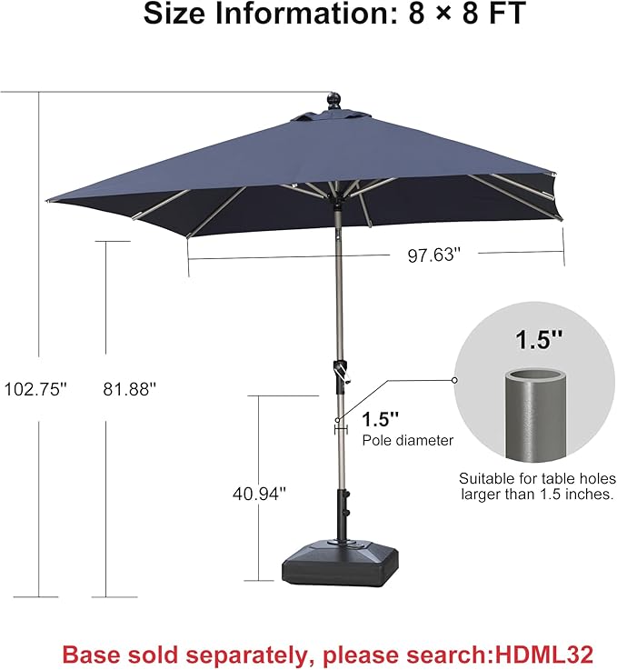 PURPLE LEAF 8' x 8' Square Patio Umbrella with Tilt Adjustment, Outdoor Table Umbrella Champagne Aluminum Frame, Market Umbrella Pool Umbrella for Deck Garden, Patio, or Lawn