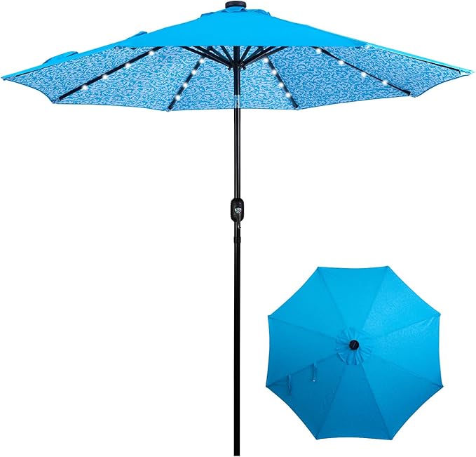 Backyard Expressions 9FT Solar Patio Umbrella with 32 LED Lights, UPF50+ UV Protection, Fade-Resistant Fabric, Easy Tilt & Crank, Outdoor Umbrella for Patio, Deck & Pool (Base Not Included)