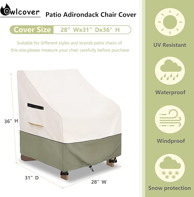 Patio Adirondack Chair Cover 28 W x 31 D x 36 H inches,600D Heavy Duty Waterproof Outdoor Chair Covers,Patio Furniture Covers for Adirondack Chair,Beige