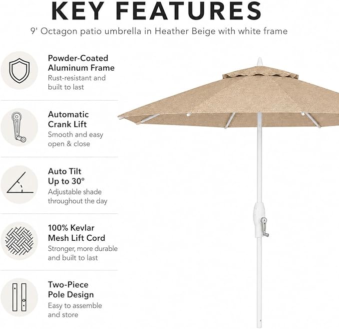 Treasure Garden 9ft Patio Umbrella - Outdoor Furniture Market Umbrella – Deluxe Auto-Tilt – White Aluminum Frame (Sunbrella, Heather Beige)