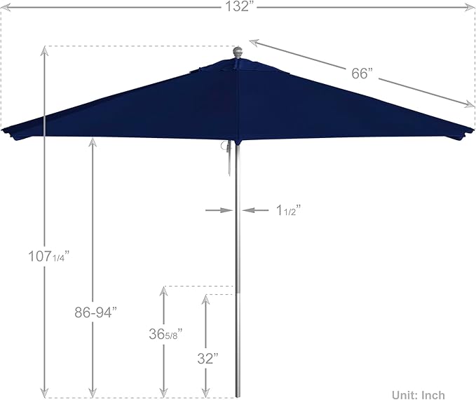 California Umbrella 11Ft Commercial Grade Sunbrella Fabric Market Umbrella, Pulley Lift, Aluminum/Fiberglass, 2mm pole wall, Silver Frame, True Blue Fabric