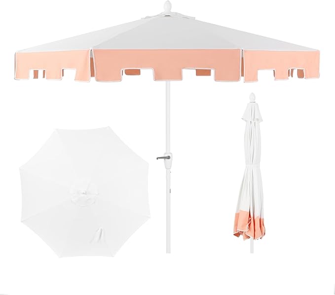 JONATHAN Y Baiona 9 ft. White/Coral Pink Outdoor Patio Umbrella with Crank Lift and Tilt, 8 Ribs UV-Resistant Market Table Umbrella with Square Trim for Pool, Deck, Coastal, White Pole UMB1000C