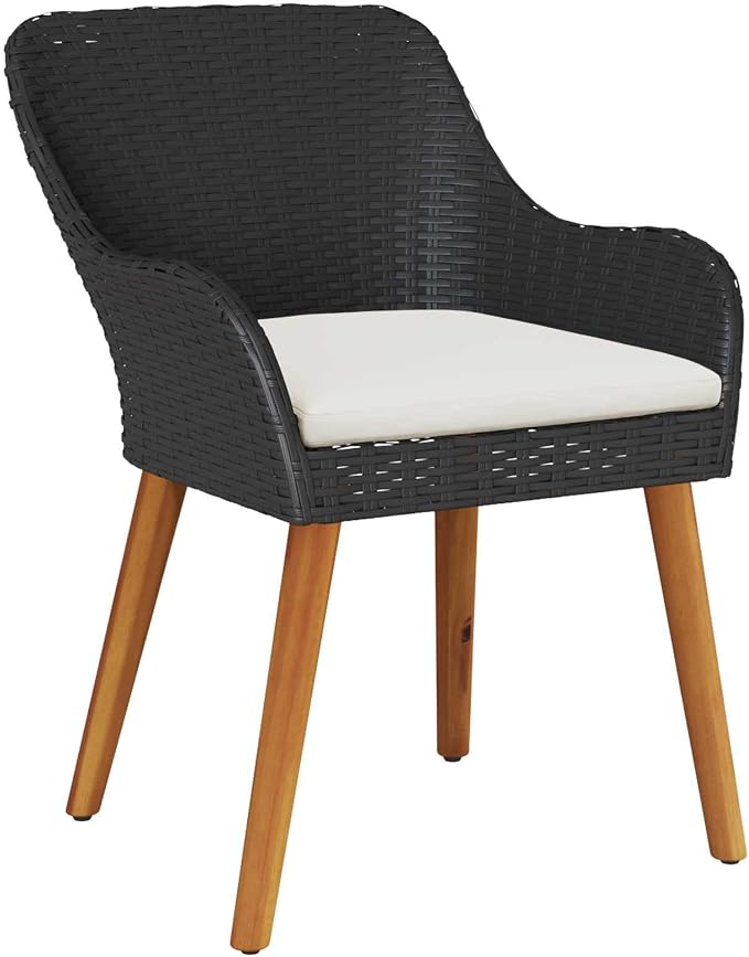 Garden Dining Set with Cushion 5 pcs Black Poly Rattan Outdoor Patio Furniture Table and 4 Chairs with Tempered Glass Top Weather Resistant for Backyard Deck Lawn Entertaining 970 lb Capacity
